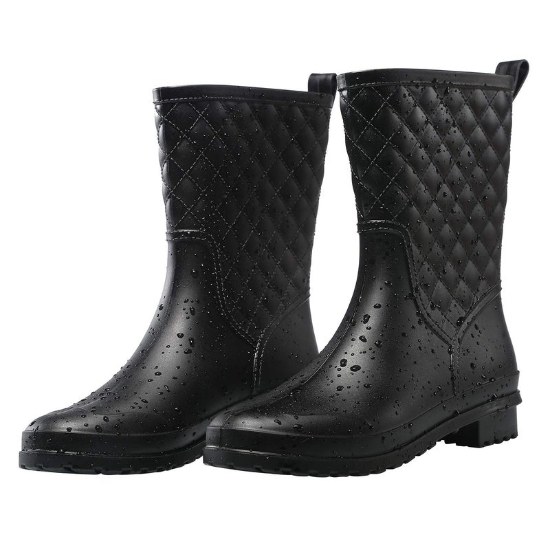 Petrass Women Rain Boots Black Waterproof Mid Calf Lightweight Cute Booties Fashion Out Work Comfortable Garden Shoes, Black 8.5 - Image 1